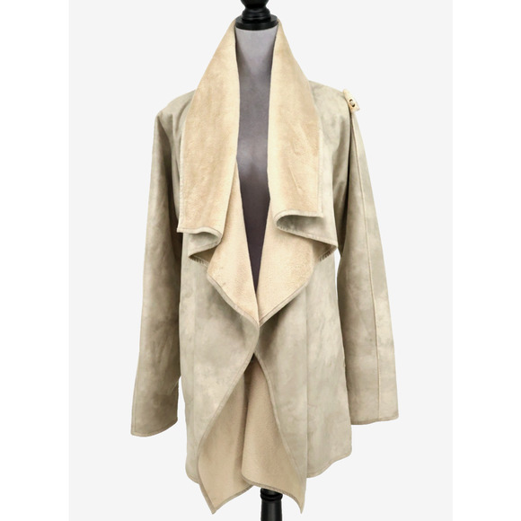 Mycra Pac One Jacket Womens Medium Beige Microfiber Open Front Sherpa Lined Coat - Picture 1 of 16